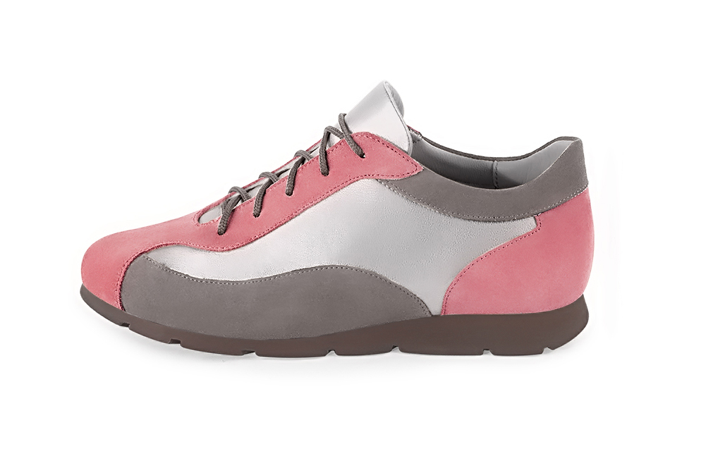 Carnation pink, light silver and pebble grey women's two-tone elegant sneakers. Round toe. Flat rubber soles. Profile view - Florence KOOIJMAN